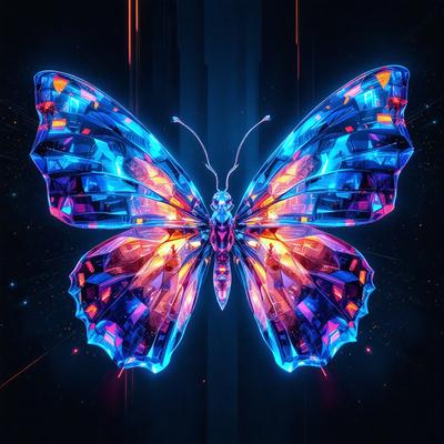 The primary subject of the image is a blue butterfly with a pink and orange body. The butterfly is prominently displayed in the foreground, with its wings spread wide. The setting is a dark background, which contrasts with the vibrant colors of the butterfly. The visual style of the image is digital art, as it appears to be a computer-generated or digitally edited image. The dominant colors of the image are blue, pink, and orange, creating a lively and eye-catch